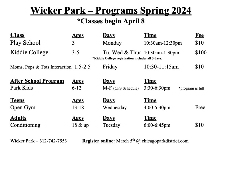 Chicago Parks District Announces Spring Programs at Wicker Park